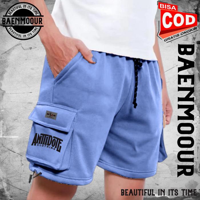 Celana Pendek Cargo Motif Antidote Pria Wanita Oversize Bahan Cotton Plecee Warna Denim Terbaru Terl