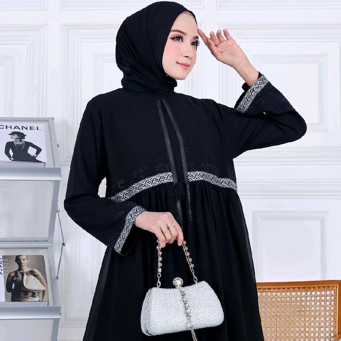 ABAYA RAHMI - Abaya Hitam Turkey Aluna Wollypeach Mix Ceruty Premium Pita Renda Silver Payet dengan 