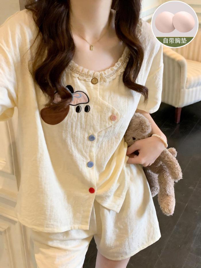 Piyama Wanita Musim Panas dengan Bantalan Dada, Lengan Pendek dan Celana Pendek, Motif Anjing Kartun