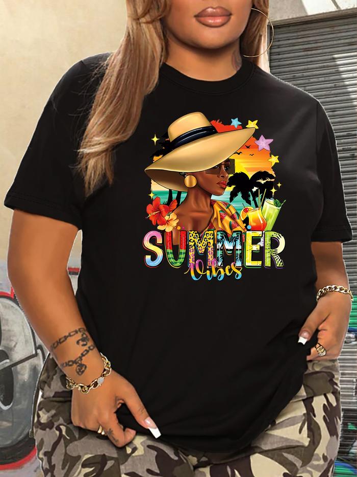 Camiseta Plus Size de Mujer con Estampado Tropical - Palmas y Letras Coloridas, Manga Corta y Cuello