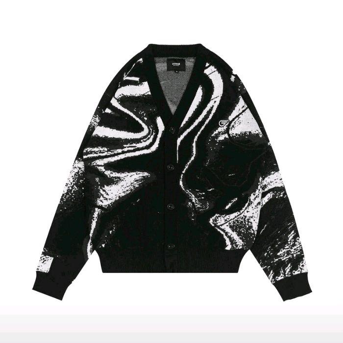 Gozeal Jaket Cardigan Hitam dengan Desain Marmer Putih untuk Pria dan Wanita