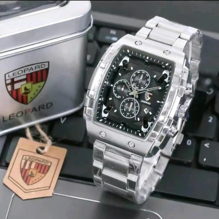 JAM TANGAN PRIA PROMO!!! JAM TANGAN PRIA ORIGINAL LEOPARD 8018 RANTAI STAINLESS TANGGAL AKTIF GRATIS