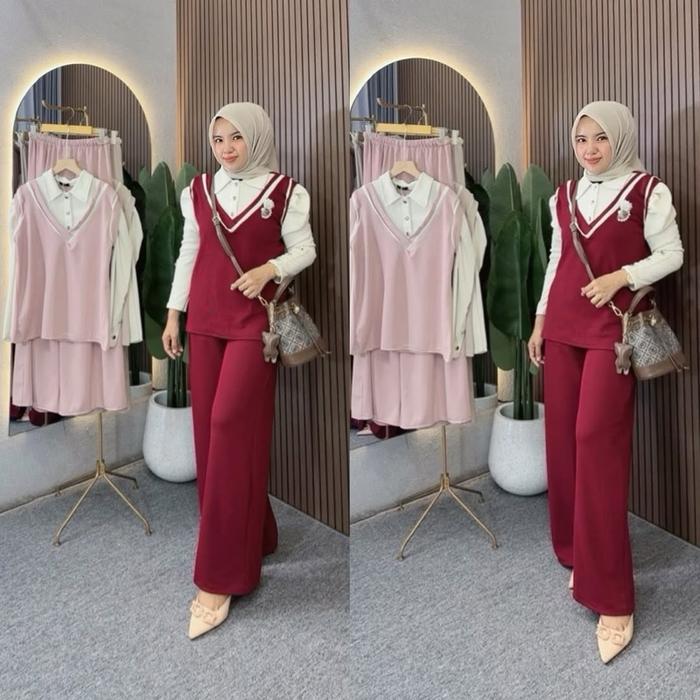 Medina Set / Baju Setelan Celana Wanita Dewasa / clana Kulot  Panjang / Setelan Knit Aster premium