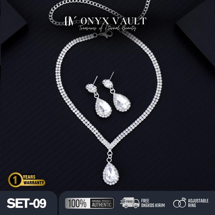 OnyxVault- [SET-09] Snowdrop Essence Collection, Kalung Wanita Platinum Permata Diamond untuk Model 