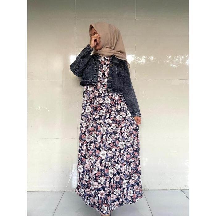 Set Inner Bunga Bebe Island |Set Dress Jaket Jeans Busui Friendly Kain Crinkle Airflow Motif Bunga