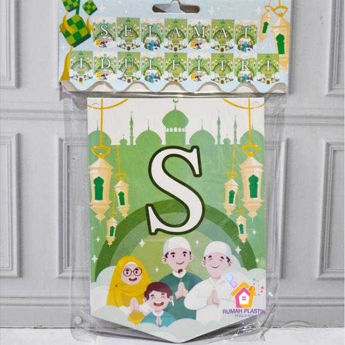 Safitiri Flag Banner Selamat Idul Fitri Gambar Cartoon Masjid Keluarga Hijau Green Kertas Gantung Hi