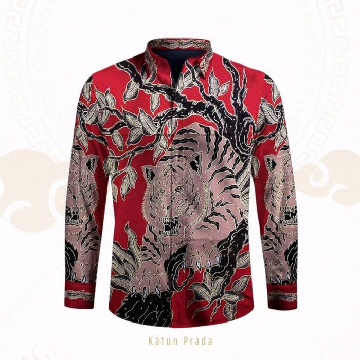Bahan Kemeja Batik Tulis Pria Premium Motif Macan Harimau Merah Eksklusif