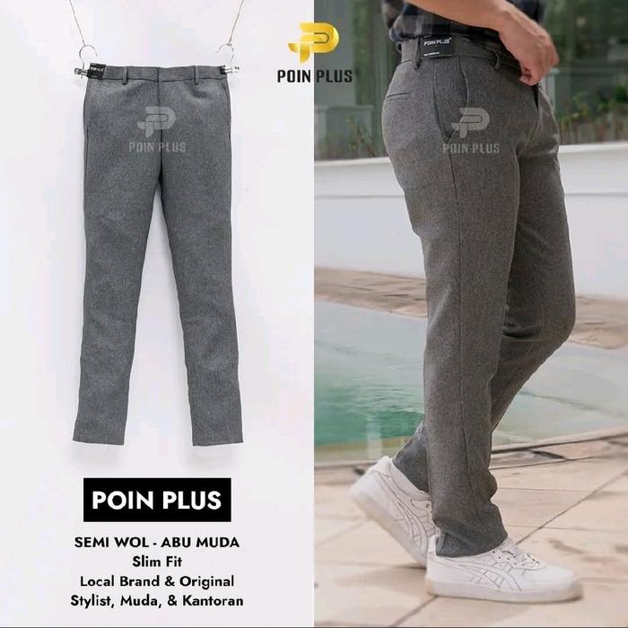POIN PLUS Celana Panjang Pria Formal Semi Wol Slim Fit 27-38 Bahan Kuat Jahitan Rapi 5 Warna Hitam A