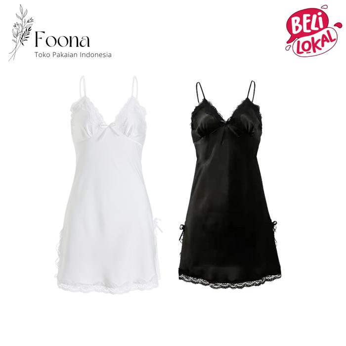 Foona BT001 Baju Tidur Lingerie Wanita Korea Sexy Dress Satin Mini Dewasa Hitam Piyama Panjang Gaun 