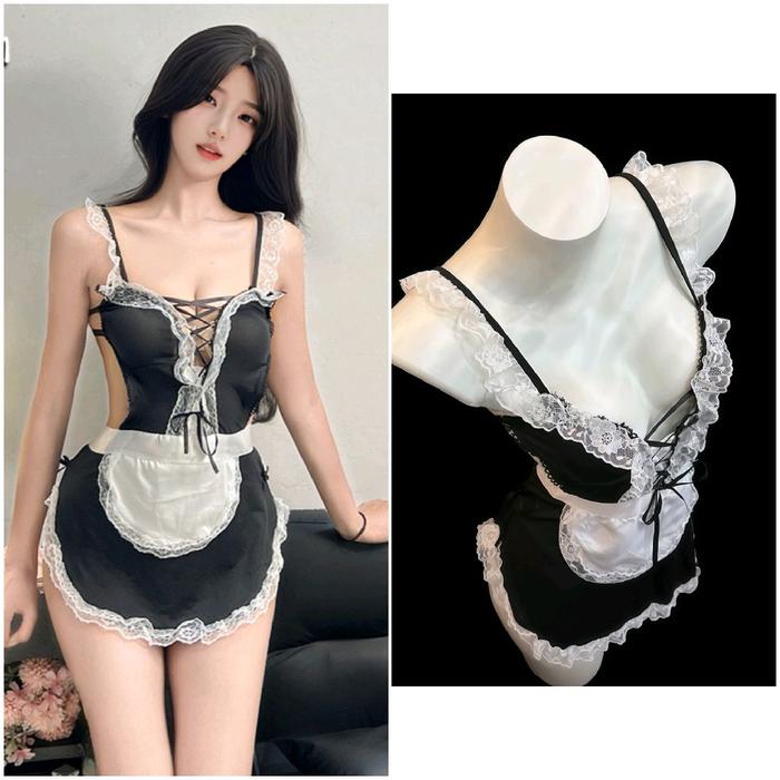 Cosplay Gaun Malam Kostum Dress Maid Seragam Pelayan Waitress Roleplay Lace Pita Renda