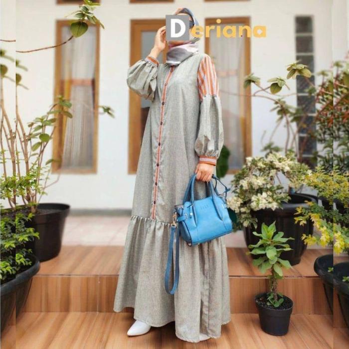 Gamis Panjang Kain Katun Wanita Muslim Dewasa Casual Modern Shaima Dress Grey Warna Abu Kombinasi Te