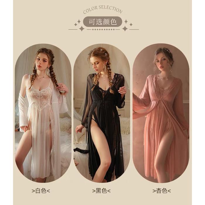 JUAL- Sexy Lingerie Kimono Set Transparan Sleepwear Long dress Lingerie Transparan Kimono 2in1 205