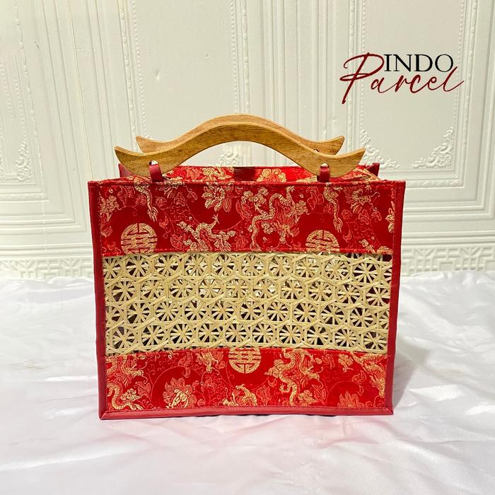 INDOPARCEL - Tas Hampers Cheongsam Goodie Bag Songket Hari Raya Anyaman Bambu Handle Kayu Hampers An