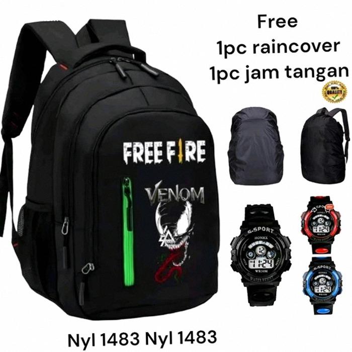 Tas Sekolah Anak freefire Venom Grat1s Raincover dan Jam tangan Ransel anak SD SMP REMAJA Terbaru pa