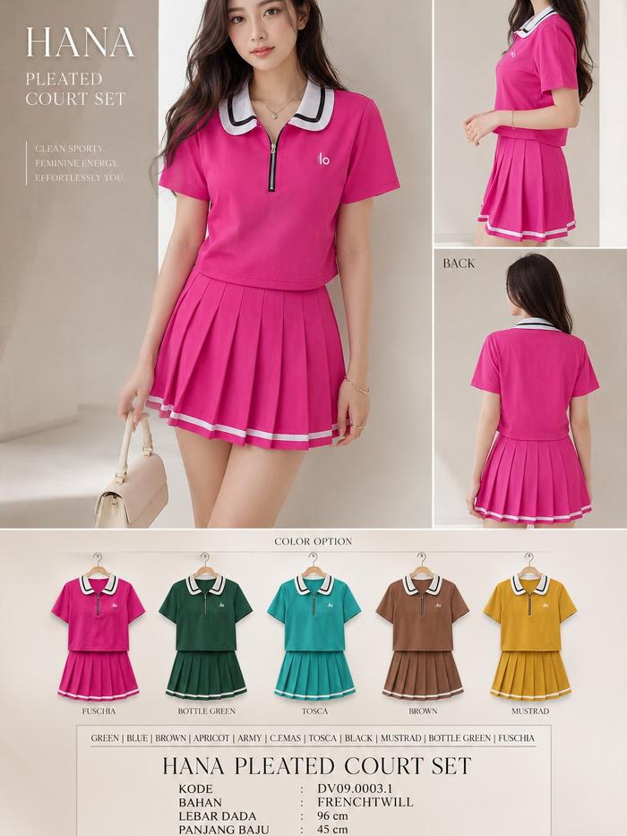 DEMODE - HANA Pleated Court Set Rok Tennis Wanita Korean Style | Setelan Crop Kerah Zipper Sporty Fe
