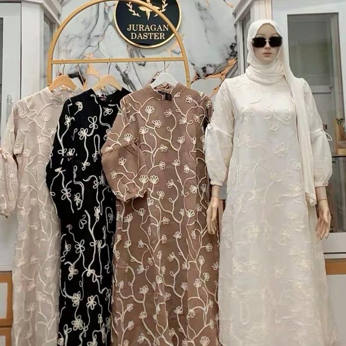 Juragan Daster Gamis Wanita Premium dengan Desain Bunga Elegan dan Warna Netral