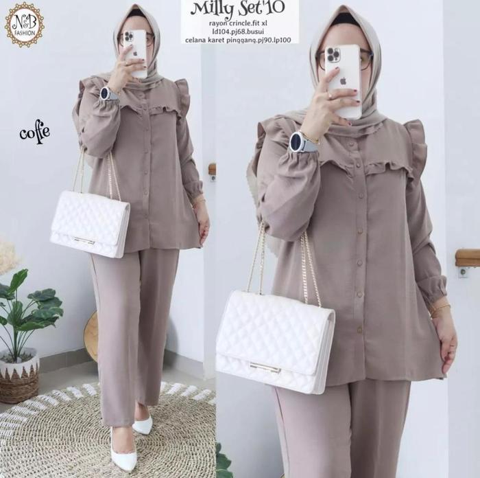 Milly Daily set Setelan celana Bahan Kringkle Rayon SIZE JUMBO BUSUI MODERN Kancing Karet