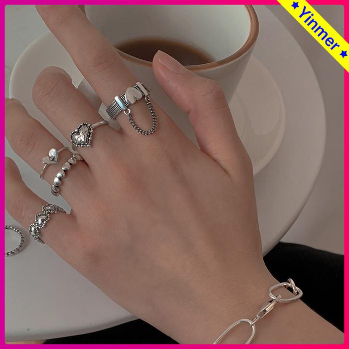 COD✨5 Pcs/set Cincin Wanita Rantai Desain Cinta Pearl Bunga Terbuka Retro Punk Gaya Ajustable Kreati
