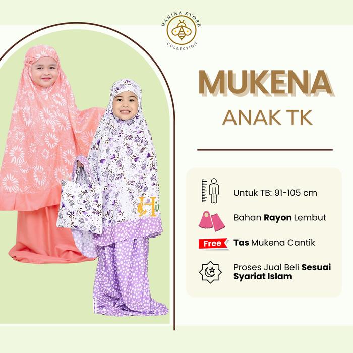 HANINA Mukena Anak TK 3-5 Tahun Motif Bunga Polkadot Bahan Rayon Lembut dengan Tas Mukena Praktis un
