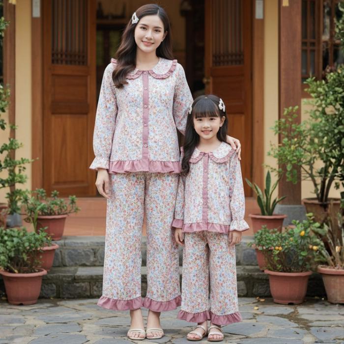 Najwa - Oneset Couple Ranayma Ibu dan Anak Model Lengan Panjang Celana Panjang Motif Flower / Fashio