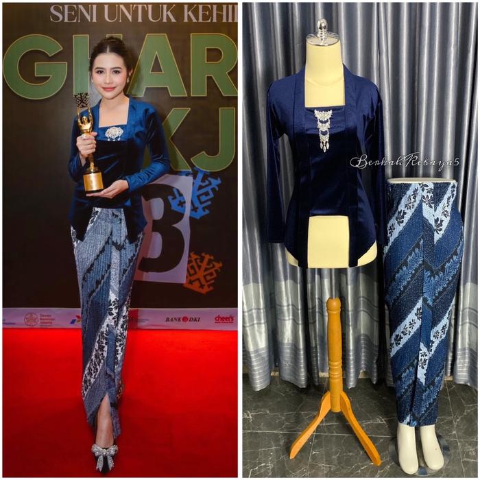 1 Set Navy Kebaya Kutu Baru Bludru + Rok Plisket Motif Lereng Biru kebaya  1 set