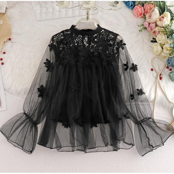 【READY】2 potong kemeja + rompi Korea longgar 3D tiga dimensi bunga renda atasan lengan panjang