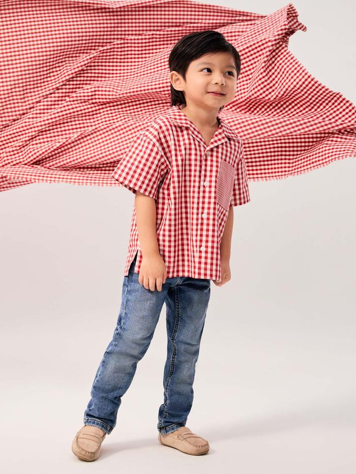 Love Bonito - Atasan Anak - Kids' Gingham Cotton Button Down Shirt - Red