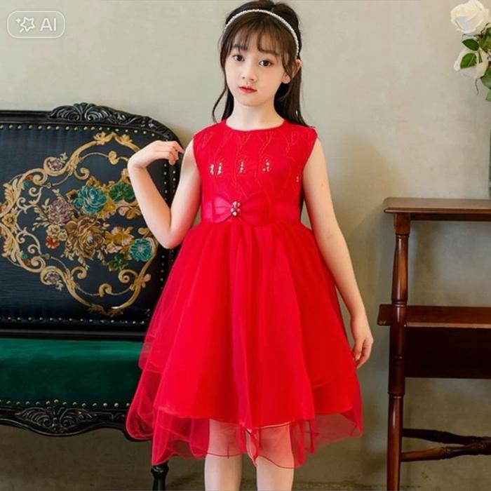 D2644 | DRESS MERAH UMPAK PITA | 3XL 4XL 5XL | DRESS ANAK PEREMPUAN | PAKAIAN IMPORT | BAJU ANAK IMP