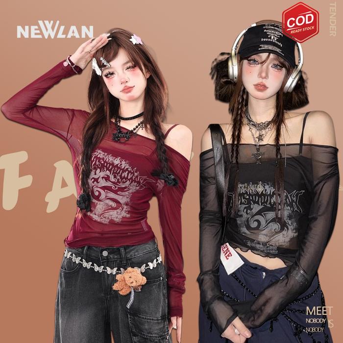NEW Atasan T-shirt Kaus Lengan Panjang Merah Top Slimfit Wanita Jersey Retro Croptop Through Sexy To