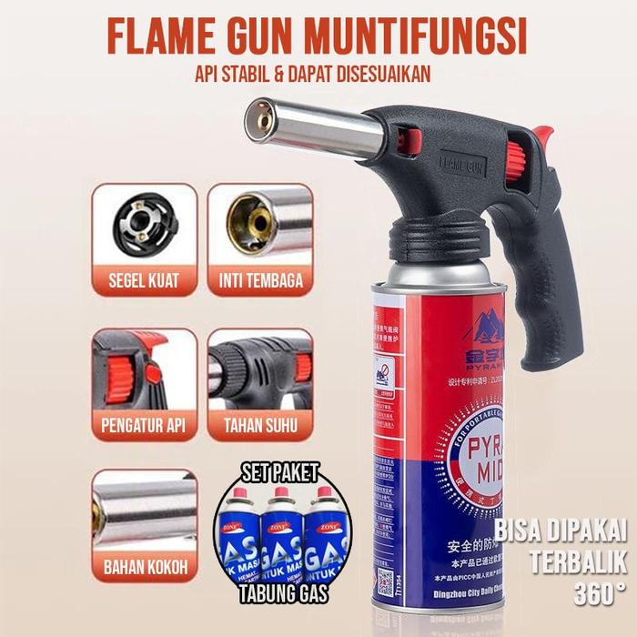 SET FLAME GUN MULTIFUNGSI + GAS KEPALA GAS ALAT BBQ BLOW TORCH / PEMANTIK API LAS EXTRA TABUNG GAS