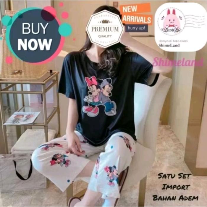 Baju Tidur Wanita Korean Style Import Piyama Mickey dkk Celana Panjang  dan Pendek Setelan Kaos