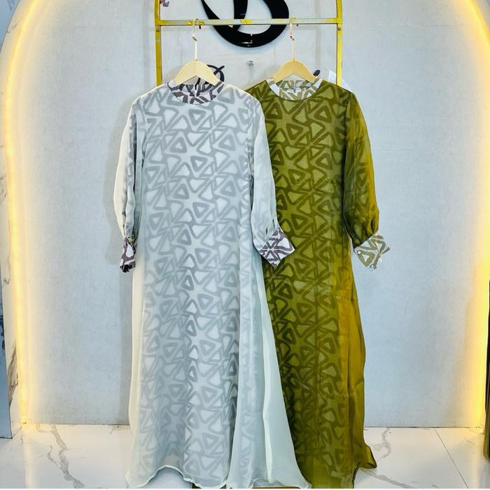 Dress MDLY Baju Gamis Wanita Remaja Motif Geometris Warna Pastel Elegan dan Nyaman