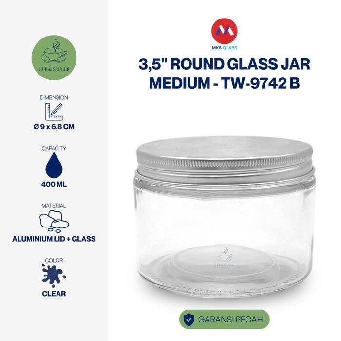 MKS Glass Toples Kaca Bulat Tutup Aluminium Size M Kedap Udara 9 x 9 x 6,8 cm Kapasitas 400 ml Clear