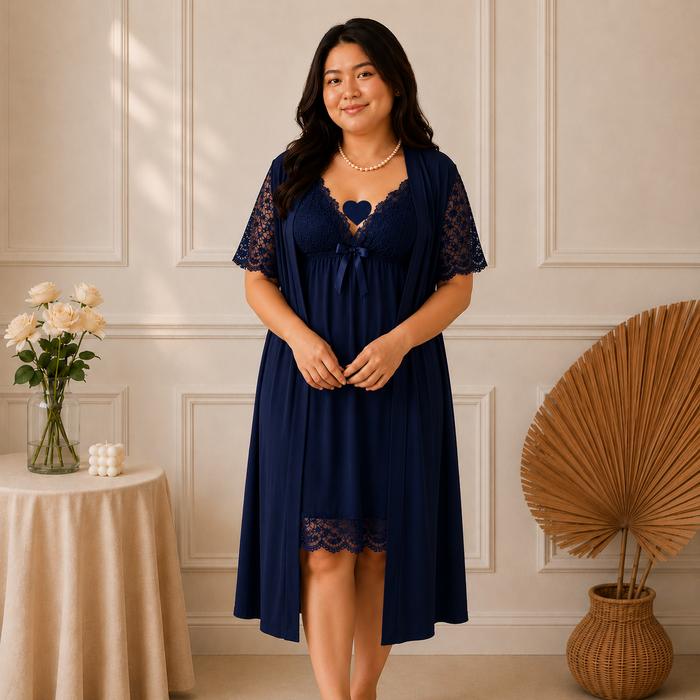 LindaGalz MAGGIE in Blue Navy 3in1 Pakaian Tidur Wanita Terbaru Kimono Set Lingerie Big Size Jumbo B