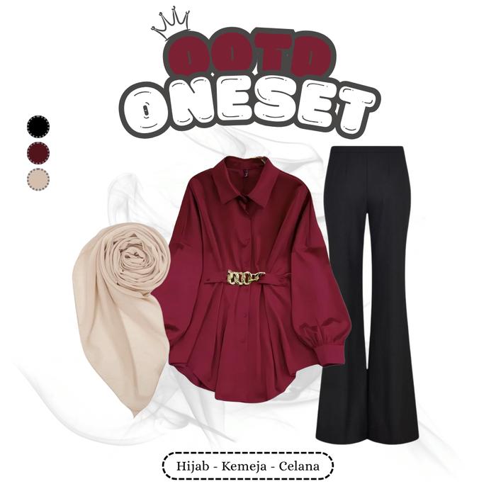 OOTD Bold Maroon 3in1 – Kemeja Rantai Lengan Balon Maroon, Celana Scuba Cutbray Hitam & Hijab Bella