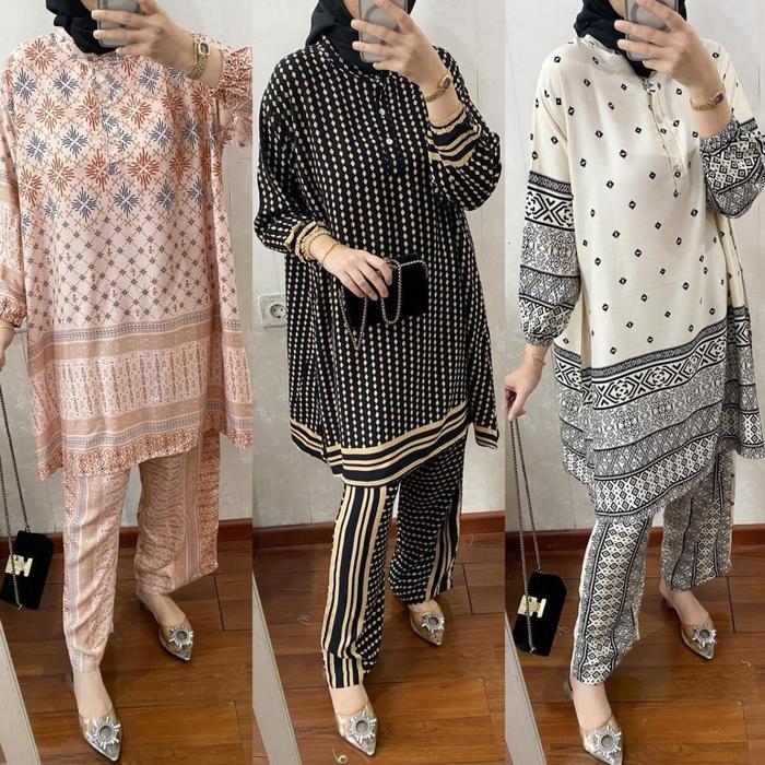 One Set Dealova Setelan Long Tunik Rayon Premium Setelan Wanita Mosa Batik