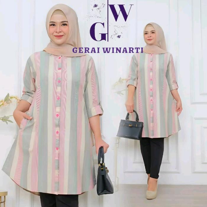 Anabella tunik wanita kekinian / Blouse kemeja jumbo motif salur garis LD 110 muat BB 75 KG Atasan M