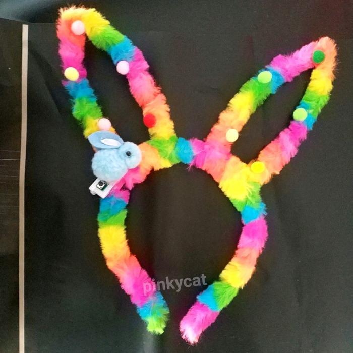 PREMIUM Bando Telinga Kelinci Bunny Ear Lampu Led Bulu Pompom Anak Murah