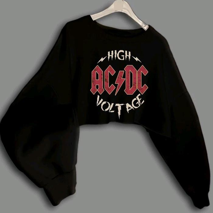 Sweater Crop High ACDC Sweater Wanita Bahan Fleece Oversize