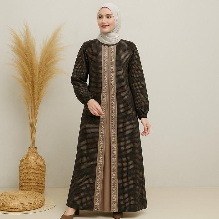 Gamis Lengan Panjang Wanita Motif Kotak Kotak Merk Ribera