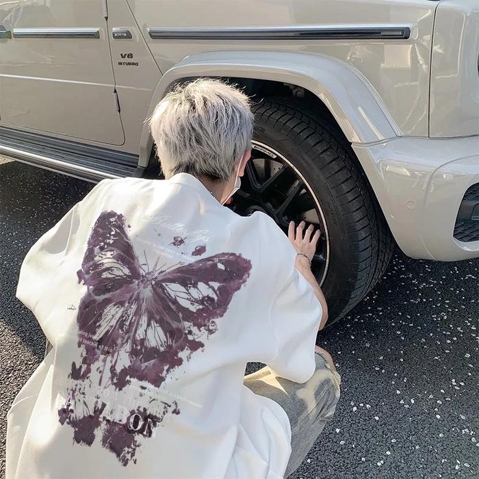 HIGH RAIN baju pria oversize Kaos Pria American retro butterfly letters purple Baju Distro Original 