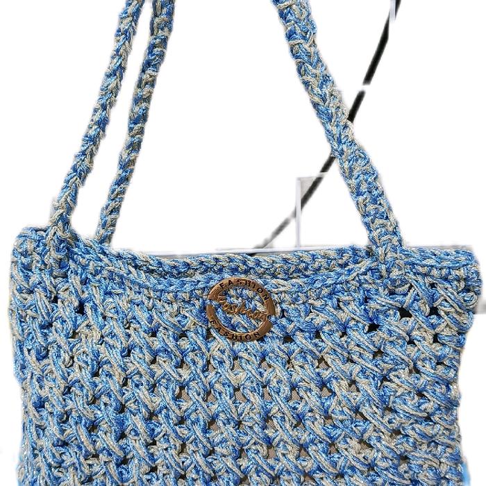 tas tangan rajutan handmade, kombinasi warna biru dan krem metalik, kuat, elegan, mewah, tas pesta