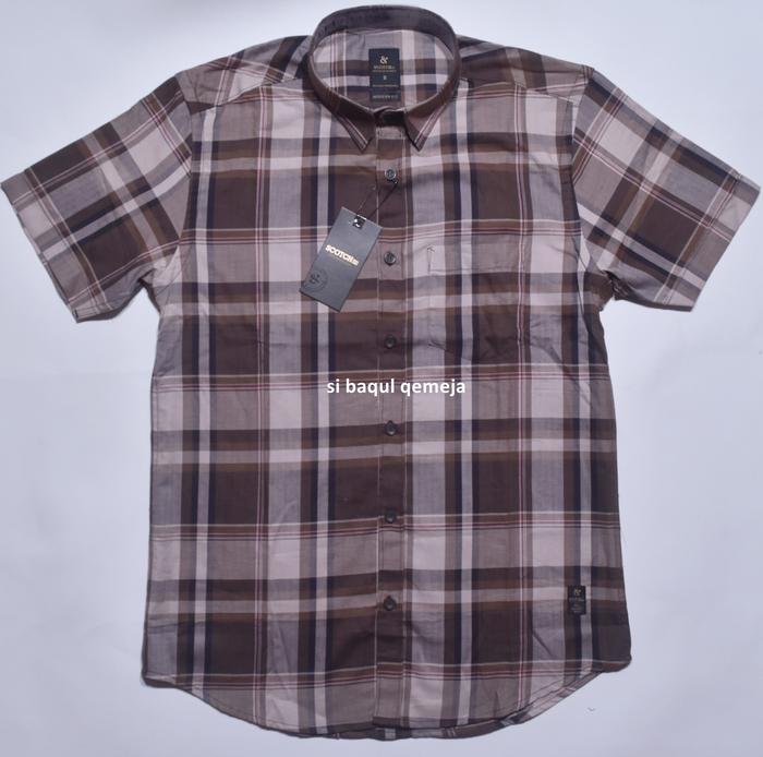 Kemeja Pria Coklat Khaki Garis Kotak Casual SCOTCH & CO Lengan Pendek Bahan Adem Murah Banget Modern