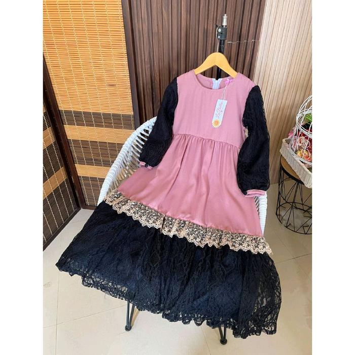 Gamis Anak Lebaran 2026/ Gaun Pesta Wollycrape Kombinasi Brokat/ Dress Anak Umur 5-10 Tahun Allura O
