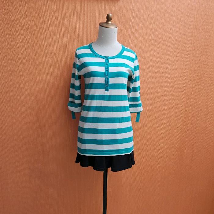 atasan kaos wanita putih motif salur hijau PHENOMENAL cewek S M santai