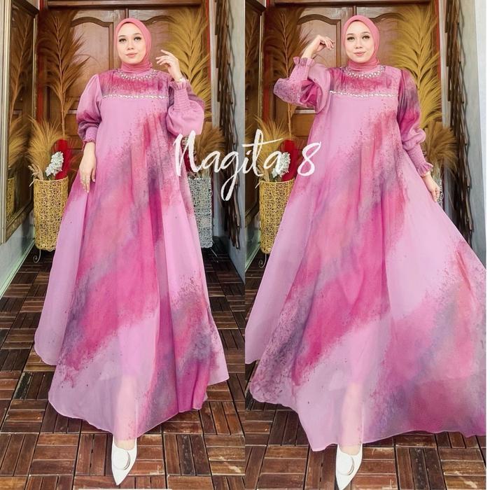 AlunaStore NAGITA DRESS PREMIUM ORGANZA PRINT by OHC Gamis Muslim Wanita Payet C