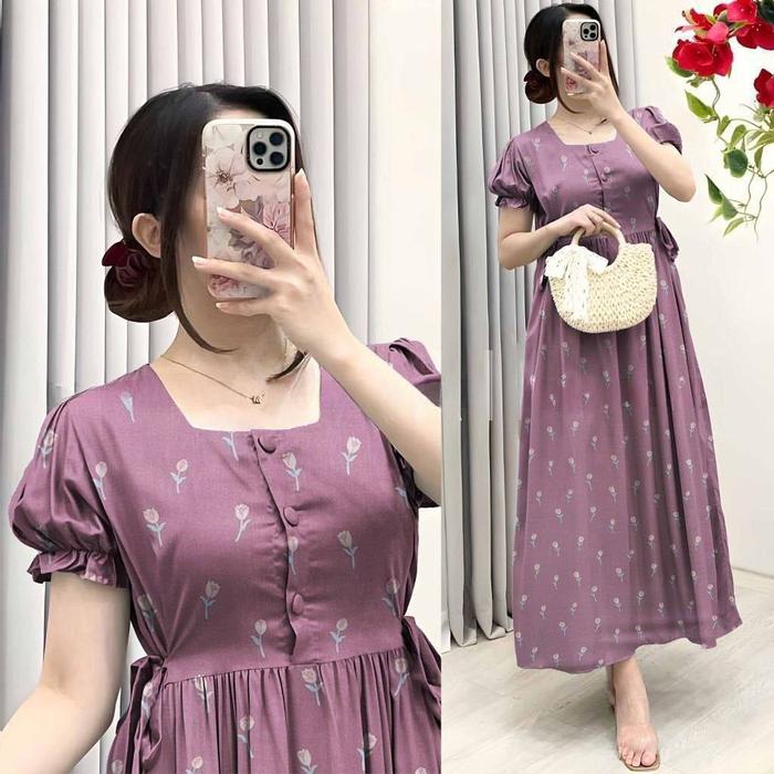 Long Cherry dress I Daster panjang semata kaki I Tali samping bumil busui Kancing Lengan bahan Rayon