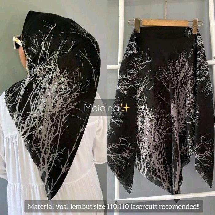 Jilbab Segi Empat Voal Motif Akar Hitam Premium Lasercut Printing Nyaman Mewah Hijab Square Segi Emp