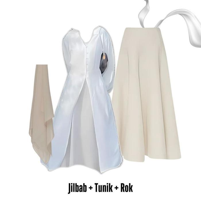 Oneset 3In1 Tunik Putih Rok Panjang Jilbab Bella Square Ootd Setelan Syari Remaja Baju Muslim Basic 