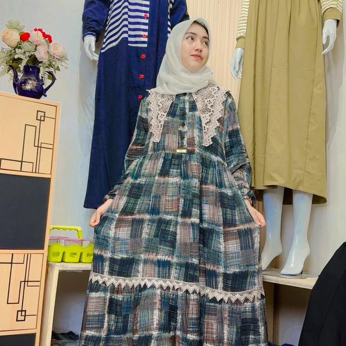 Abiyan kotak kotak midi dress bahan linen bangkok